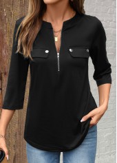 Black Zipper 3/4 Sleeve Split Neck Shirt