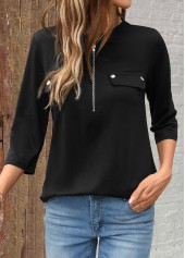 Black Zipper 3/4 Sleeve Split Neck Shirt | thumb picture 
