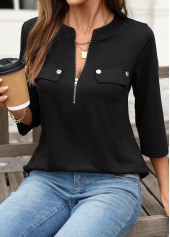 Black Zipper 3/4 Sleeve Split Neck Shirt | thumb picture 