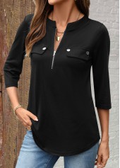 Black Zipper 3/4 Sleeve Split Neck Shirt | thumb picture 