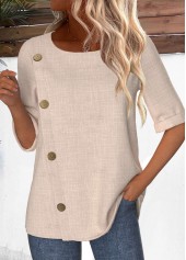 Light Camel Button Half Sleeve Round Neck Blouse