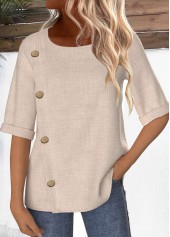 Light Camel Button Half Sleeve Round Neck Blouse | thumb picture 