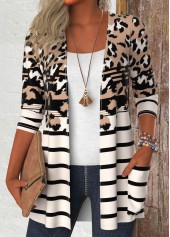 Plus Size Dark Camel Leopard Long Sleeve Light Cardigan