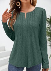Green Tuck Stitch Long Sleeve Split Neck T Shirt