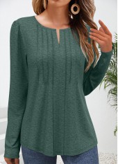 Green Tuck Stitch Long Sleeve Split Neck T Shirt | thumb picture 
