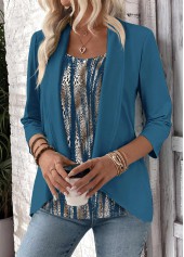 Peacock Blue Leopard 3/4 Sleeve Fake Two Piece Twinset