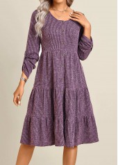 Purple Button Long Sleeve Round Neck Dress