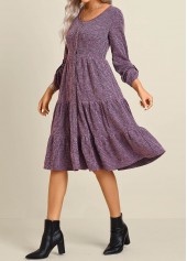 Purple Button Long Sleeve Round Neck Dress | thumb picture 