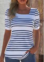 White Asymmetry Striped Short Sleeve Asymmetrical Neck T Shirt