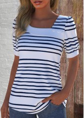 White Asymmetry Striped Short Sleeve Asymmetrical Neck T Shirt