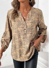 Light Camel Button Graffiti Print Long Sleeve Shirt