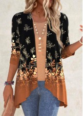 Black Leaf Print Long Sleeve Light Cardigan