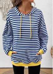 Blue Patchwork Striped Long Sleeve Hoodie | thumb picture 