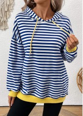 Blue Patchwork Striped Long Sleeve Hoodie | thumb picture 