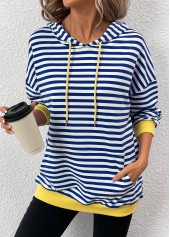 Blue Patchwork Striped Long Sleeve Hoodie