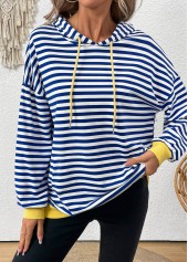 Blue Patchwork Striped Long Sleeve Hoodie | thumb picture 