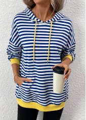 Blue Patchwork Striped Long Sleeve Hoodie | thumb picture 