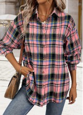 Pink Button Tummy Coverage Plaid Long Sleeve Shirt