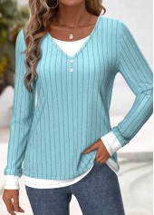 Light Blue Patchwork Long Sleeve Round Neck Blouse