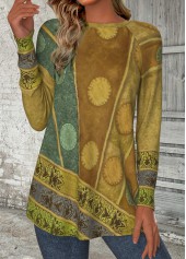 Green Geometric Print Long Sleeve Round Neck T Shirt