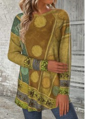 Green Geometric Print Long Sleeve Round Neck T Shirt | thumb picture 