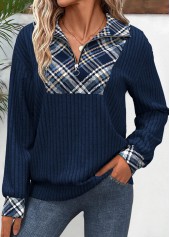 Peacock Blue Patchwork Plaid Long Sleeve Sweatshirt