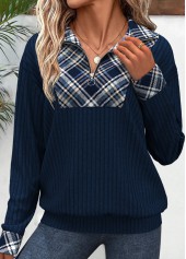 Peacock Blue Patchwork Plaid Long Sleeve Sweatshirt | thumb picture 