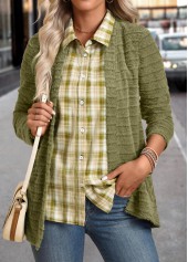 Avocado Green Plaid Long Sleeve Fake Two Piece Twinset