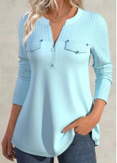 Mint Green Zipper Long Sleeve Split Neck Shirt