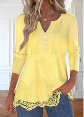 Light Yellow Embroidery Long Sleeve Split Neck T Shirt