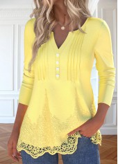 Light Yellow Embroidery Long Sleeve Split Neck T Shirt | thumb picture 