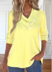 Light Yellow Button Long Sleeve V Neck T Shirt