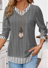 Grey Patchwork Striped Long Sleeve Fake Two Piece Twinset