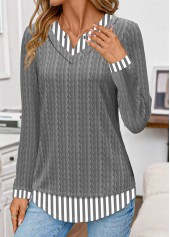 Grey Patchwork Striped Long Sleeve Fake Two Piece Twinset | thumb picture 