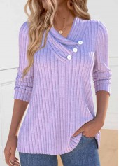 Light Purple Button Long Sleeve V Neck Sweatshirt