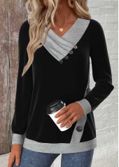 Black Button Long Sleeve V Neck Sweatshirt