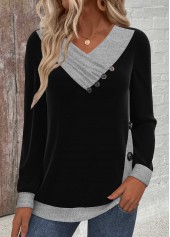 Black Button Long Sleeve V Neck Sweatshirt | thumb picture 