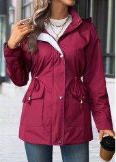 Wine Red Lace Up Long Sleeve Hooded Trench Coat | thumb picture 