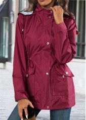 Wine Red Lace Up Long Sleeve Hooded Trench Coat