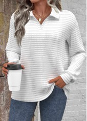 White Textured Fabric Long Sleeve Turn Down Collar Sweatshirt