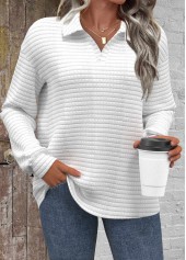 White Textured Fabric Long Sleeve Turn Down Collar Sweatshirt | thumb picture 