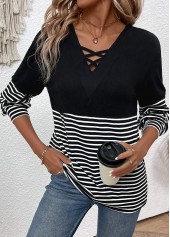 Black Criss Cross Striped Long Sleeve T Shirt