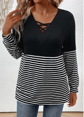 Black Criss Cross Striped Long Sleeve T Shirt | thumb picture 