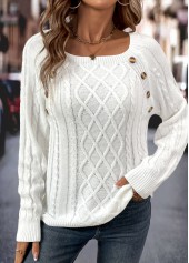 White Button Long Sleeve Round Neck Sweater