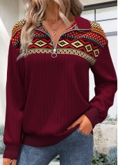 Deep Red Zipper Tribal Print Long Sleeve Sweatshirt