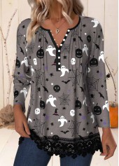 Halloween Dark Grey Patchwork Long Sleeve Split Neck Shirt