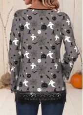 Halloween Dark Grey Patchwork Long Sleeve Split Neck Shirt | thumb picture 