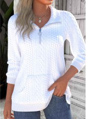 White Textured Fabric Long Sleeve Turn Down Collar Sweatshirt