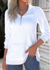 White Textured Fabric Long Sleeve Turn Down Collar Sweatshirt | thumb picture 