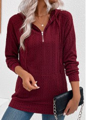 Wine Red Jacquard Drawstring Long Sleeve Hoodie | thumb picture 